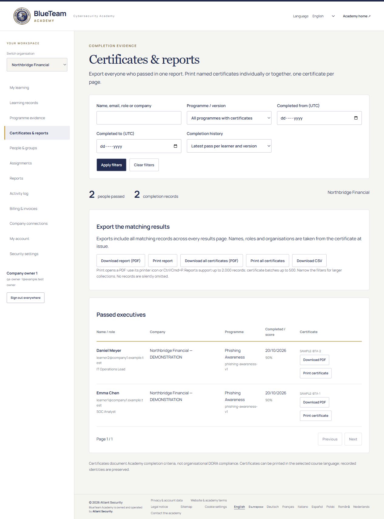 Gestione di attestati e report con filtri, PDF individuali ed esportazione multipla